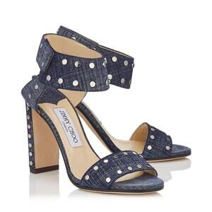Jimmy Choo Veto 100 Blue Light Indigo Silver Open Toe High Heels Size 37.5